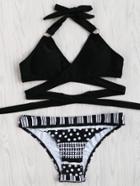 Romwe Dot & Striped Print Wrap Bikini Set