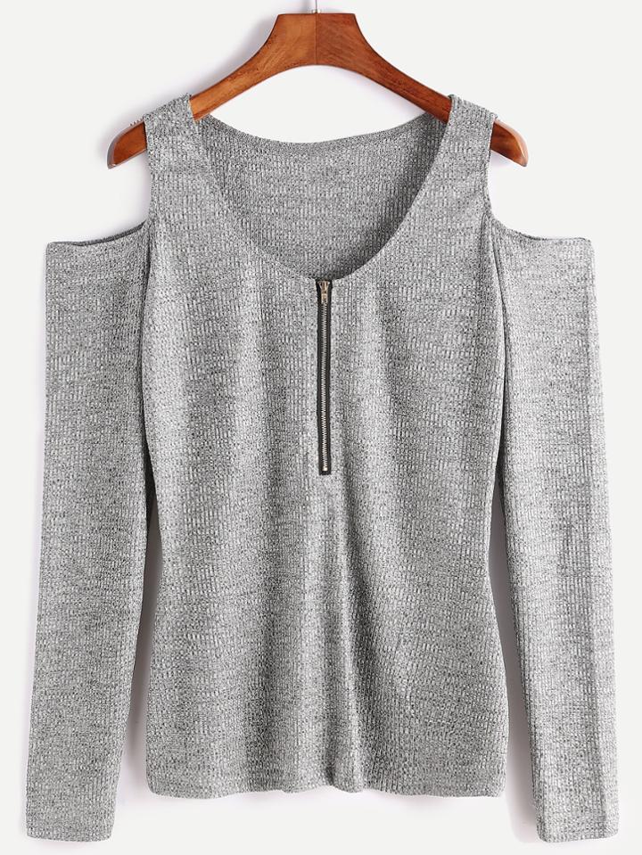Romwe Light Grey Open Shoulder Zipper Front Knitwear