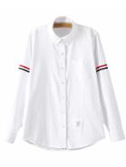 Romwe White Long Sleeve Buttons Front Stripe Pocket Blouse