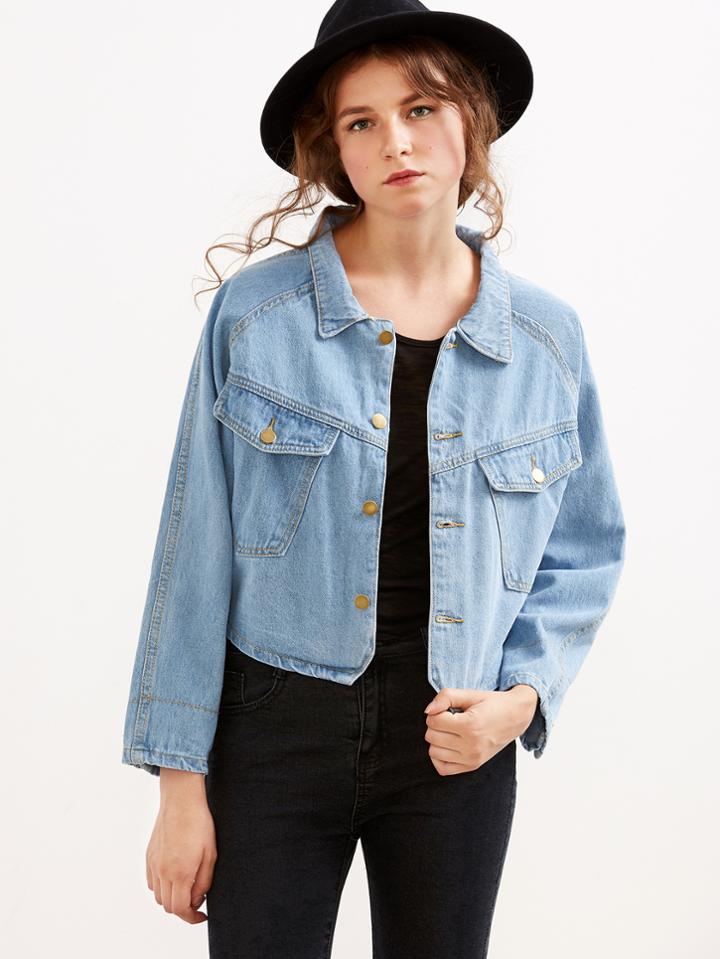 Romwe Blue Single Breasted Crop Denim Jacket