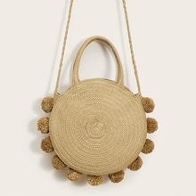 Romwe Pom Pom Decor Woven Satchel Bag