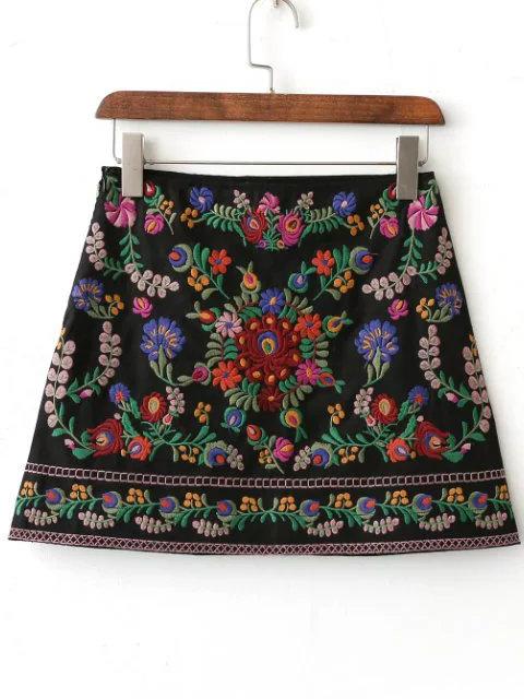 Romwe Black Floral Embroidery Mini Skirt