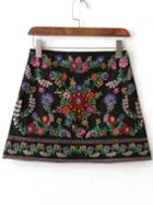 Romwe Black Floral Embroidery Mini Skirt