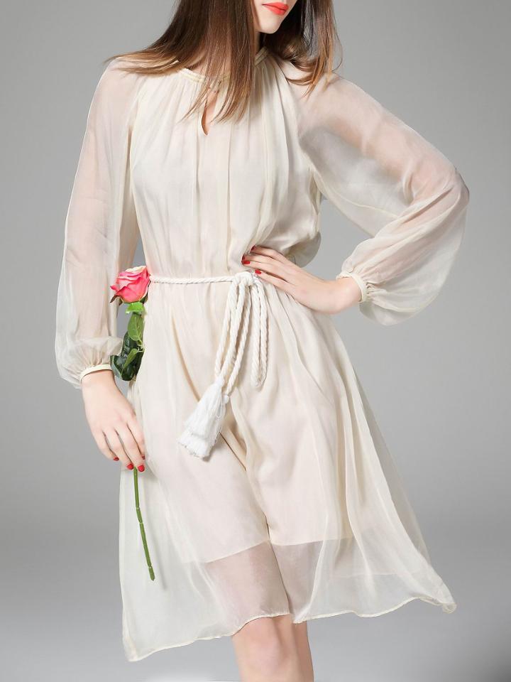 Romwe White Sheer Tie-waist Chiffon Dress