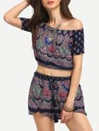Romwe Tribal Print Off-the-shoulder Top With Shorts
