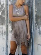 Romwe Sleeveless Fringe Suede Simple Pale Grey Dress