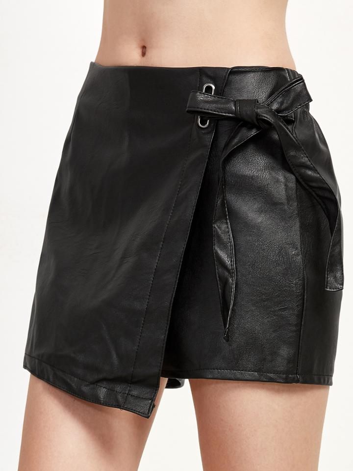 Romwe Black Tie Front Warp Pu Shorts
