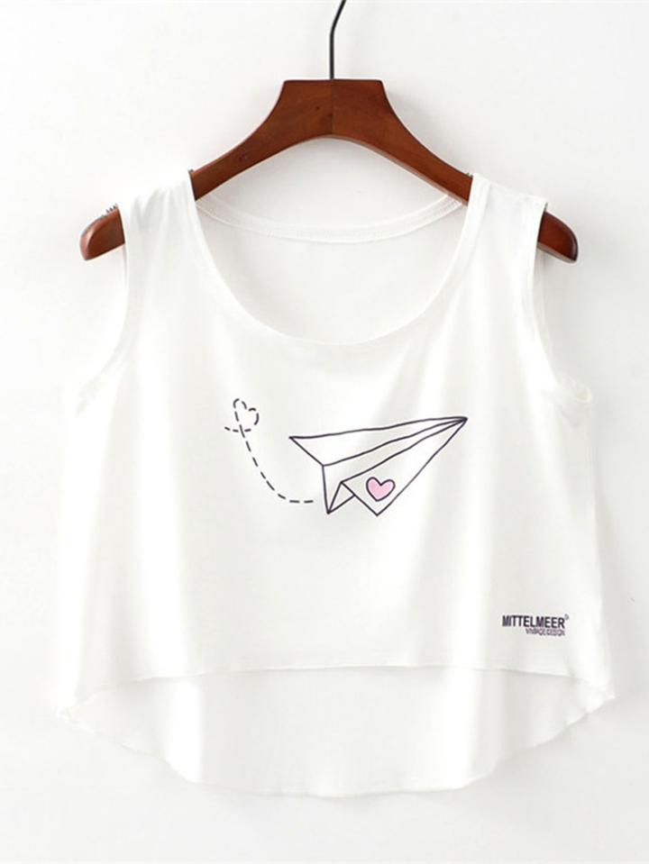 Romwe Paper Plane Print Dip Hem Top
