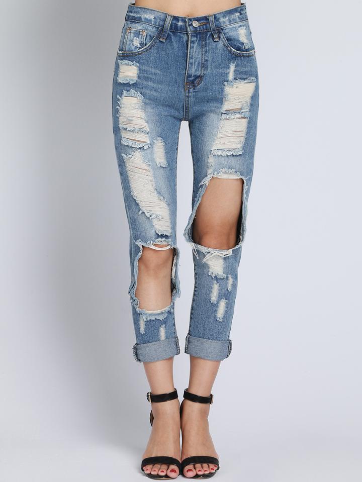 Romwe Blue Slim Ripped Denim Pant