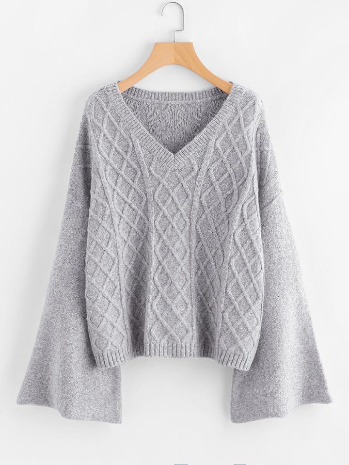 Romwe Geo Knit Fluted Sleeve Jumper