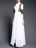 Romwe White Round Neck Half Sleeve Contrast Lace Maxi Dress