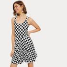 Romwe Checkerboard Print Flare Dress