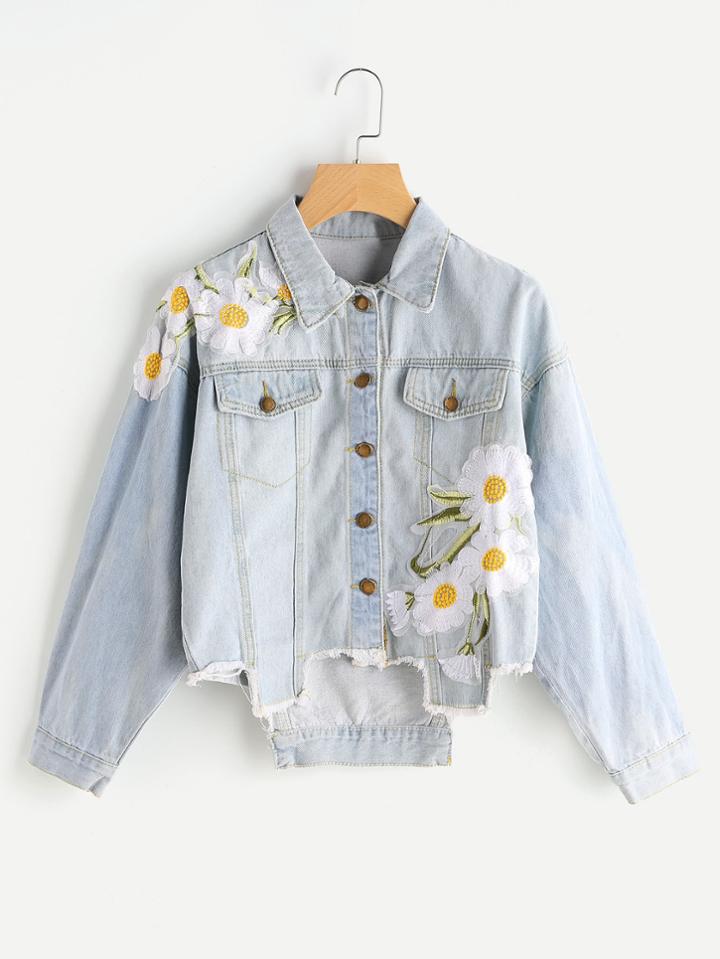 Romwe Appliques Raw Hem Denim Jacket