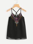 Romwe Tie Neck Embroidered Cami Top