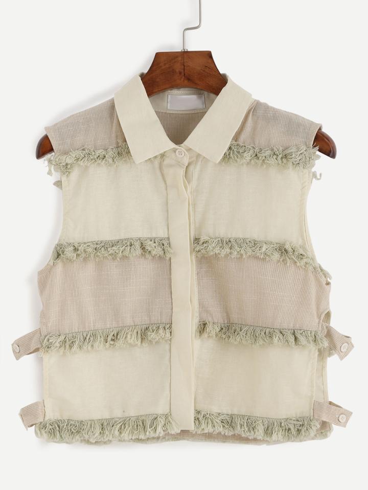 Romwe Apricot Fringe Detail Patch Panel Hidden Placket Blouse