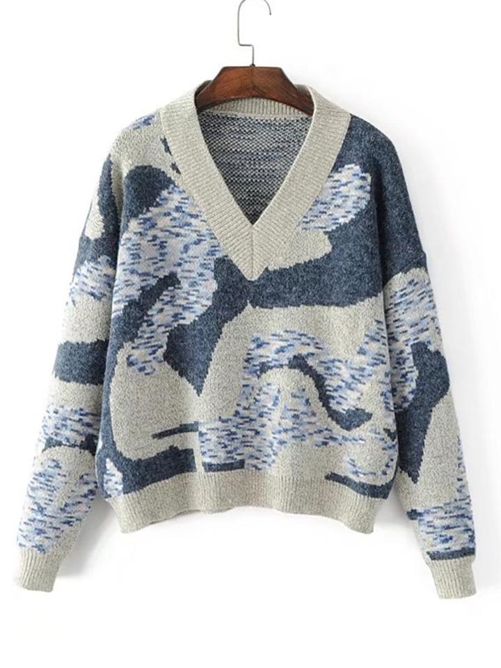 Romwe Abstract Pattern V Neckline Sweater