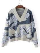Romwe Abstract Pattern V Neckline Sweater