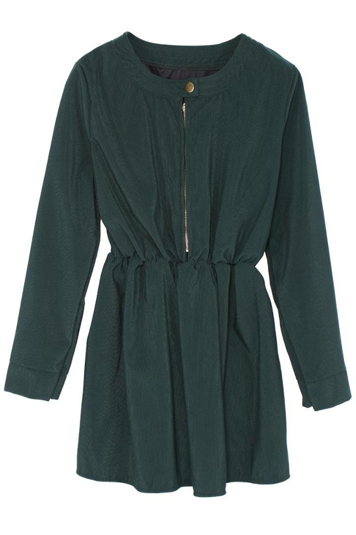 Romwe Zipper Placket Elastic Waist Green Dress