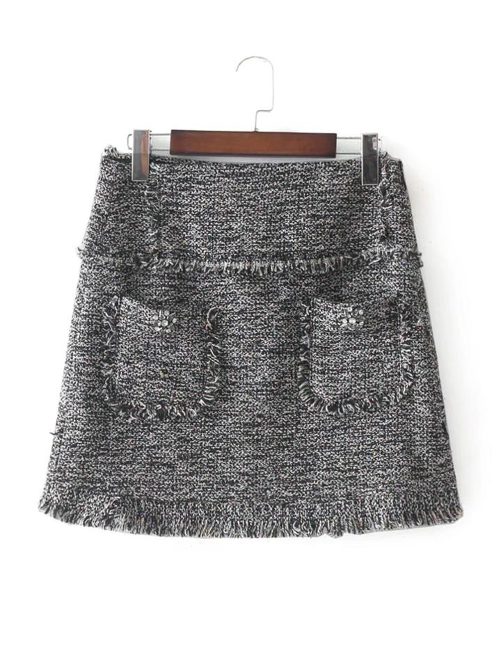 Romwe Rhinestone Detail Frayed Edge Tweed Skirt