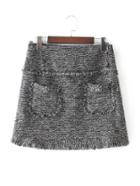 Romwe Rhinestone Detail Frayed Edge Tweed Skirt