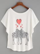 Romwe White Zebra Heart Print Batwing T-shirt