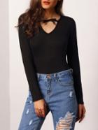 Romwe V Neck Slim Jumper With Bow