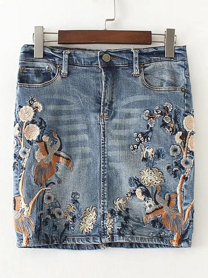 Romwe Embroidery Denim Bodycon Skirt