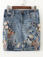 Romwe Embroidery Denim Bodycon Skirt