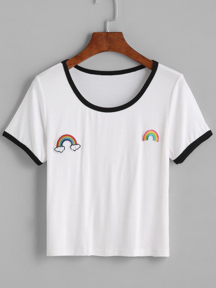 Romwe White Contrast Trim Rainbow Embroidered Patch T-shirt