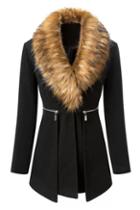 Romwe Faux Fur Zippered Black Coat