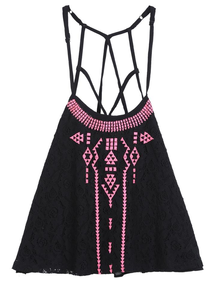 Romwe Spaghetti Strap Embroidered Lace Black Vest