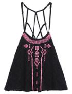 Romwe Spaghetti Strap Embroidered Lace Black Vest