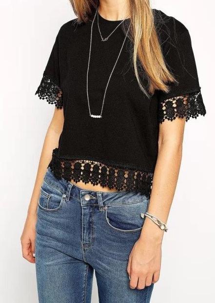 Romwe Black Lace Short Sleeve Crop T-shirt