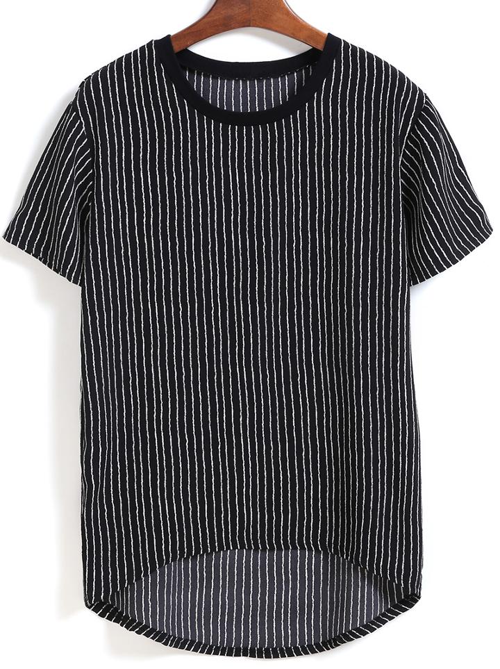 Romwe Dip Hem Vertical Striped Black T-shirt