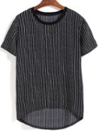 Romwe Dip Hem Vertical Striped Black T-shirt