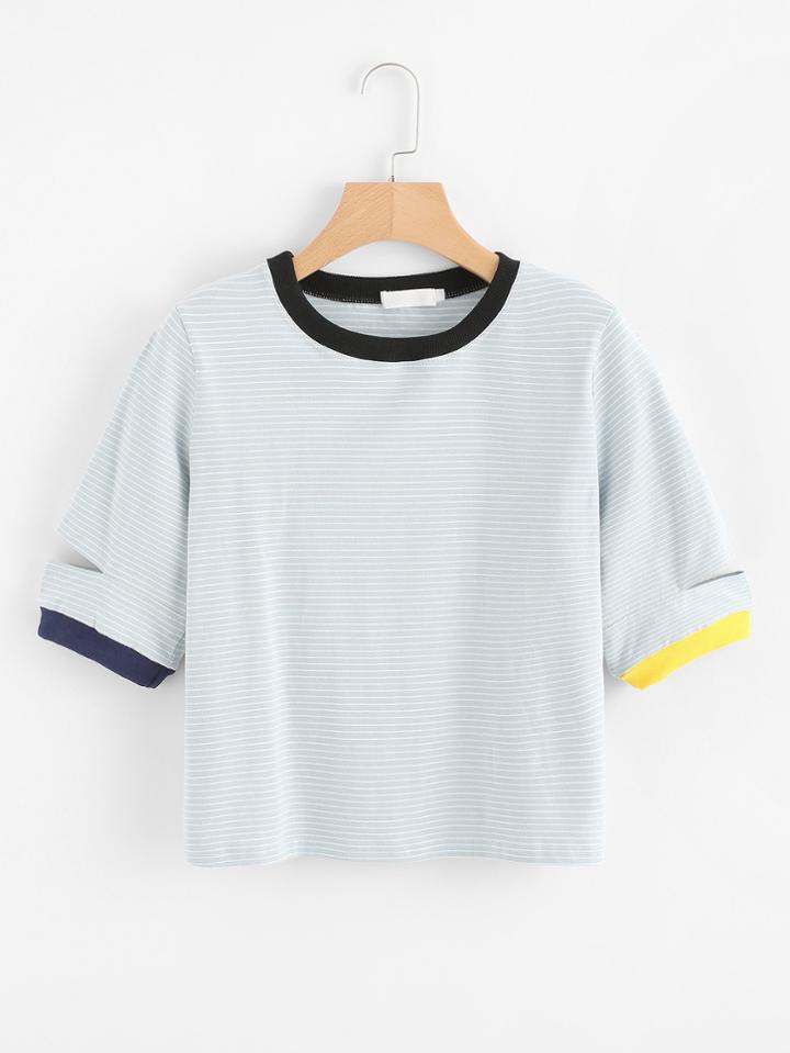 Romwe Contrast Trim Ripped Striped Tee
