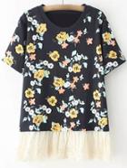 Romwe Navy Short Sleeve Lace Hem Flowers Print T-shirt