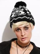 Romwe Black And White Owl Pattern Pom Pom Knit Hat