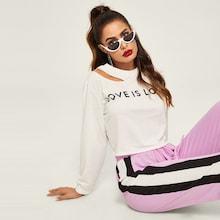 Romwe Letter Print Cut Out Neck Pullover