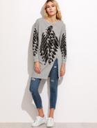 Romwe Heather Grey Print High Slit Front Long Sweatshirt