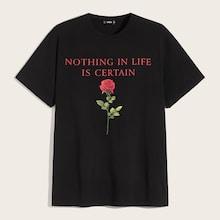 Romwe Guys Slogan & Rose Print Tee