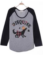 Romwe Raglan Sleeve Dog Print Color-block T-shirt