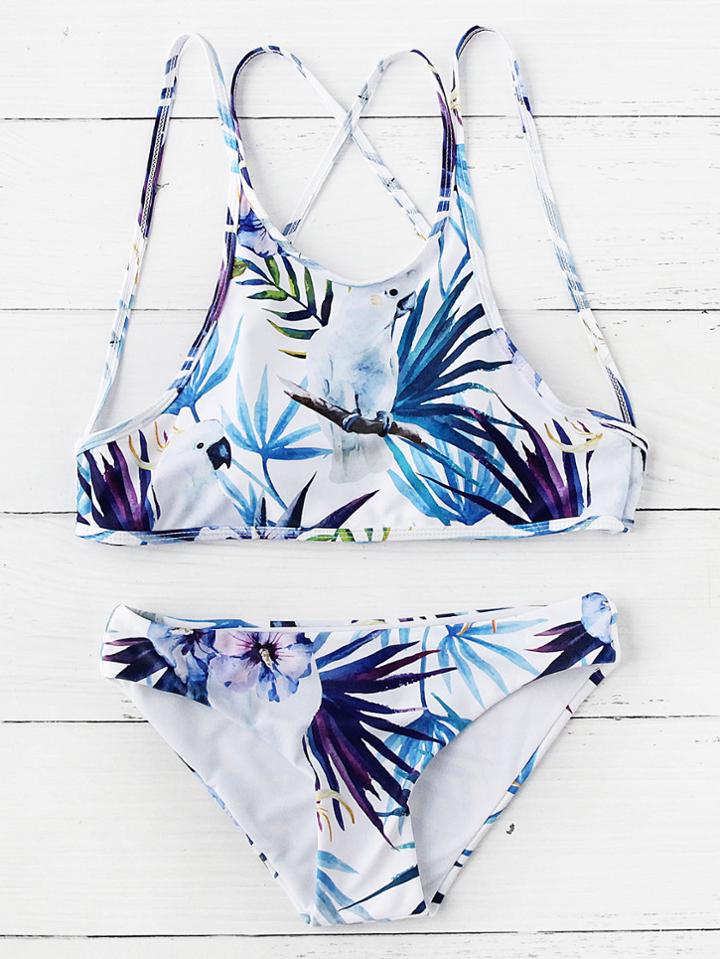 Romwe Bird Print Cross Back Bikini Set