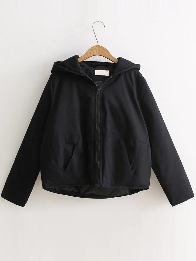 Romwe Black Back Pocket Padded Coat With Cute Hooded