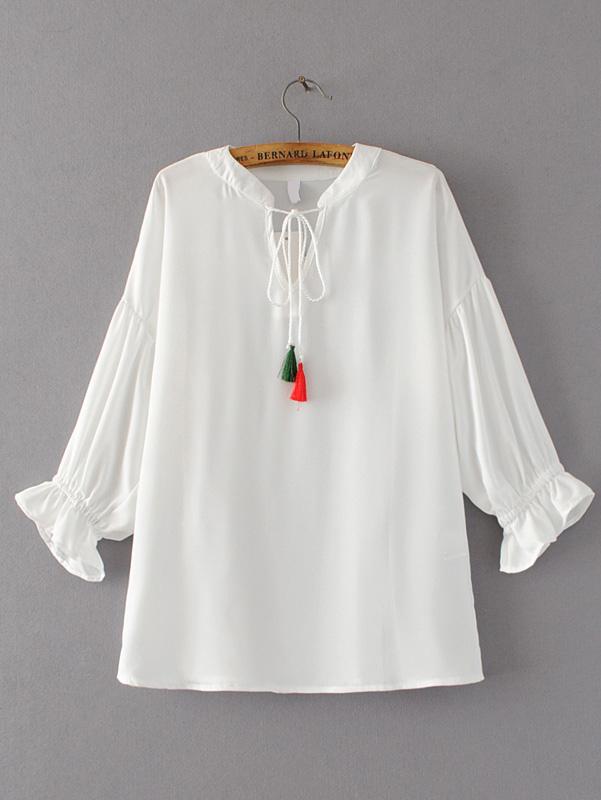 Romwe Fringe Tie Neck Drop Shoulder Seam Blouse