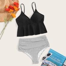 Romwe Peplum Top With Ruched High Waist Tankini Set