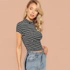 Romwe Mock-neck Form Fitted Striped Crop Tee