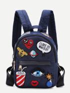 Romwe Dark Blue Zip Front Cartoon Patch Mini Backpack