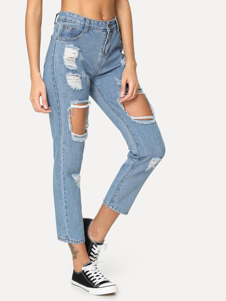 Romwe Cut Out Destructed Jeans