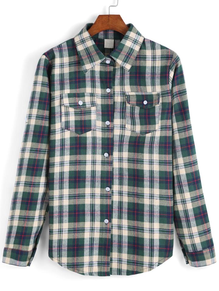 Romwe Lapel Plaid Pockets Green Blouse